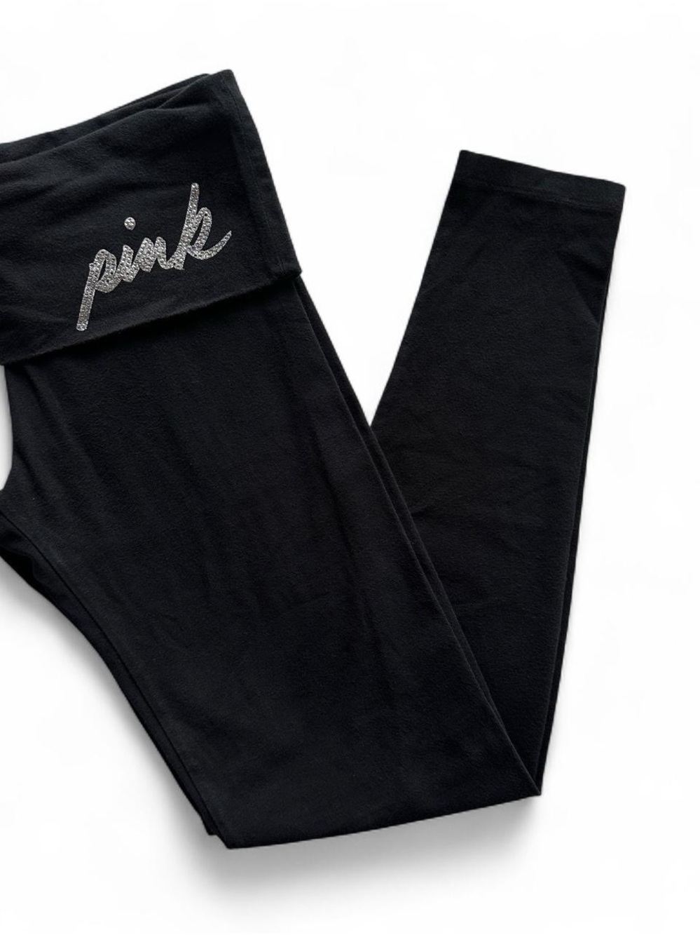 PINK Victoria's Secret Black Fold-Over Waist Leggings with Script Logo